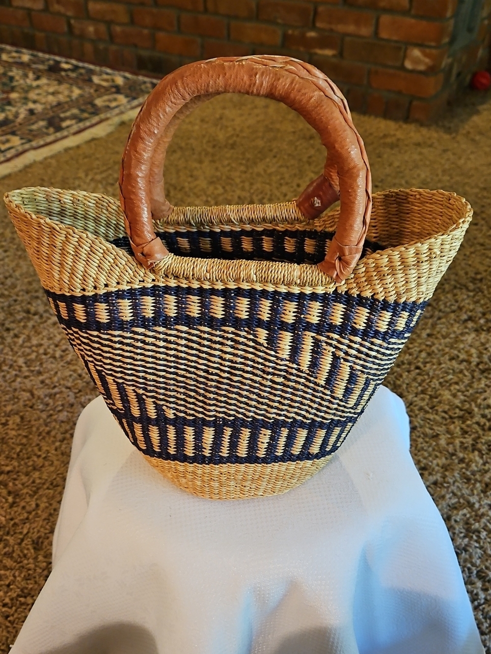 Handwoven Bolga Navy and Natural Straw with Leather Handles